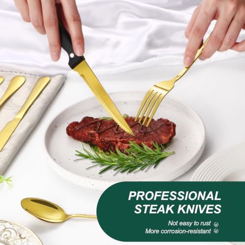 24-Piece Gold Silverware Set with Steak Knives Black Stainless Steel Flatware Set for 4 Food Grade Tableware Cutlery Set Rust-proof, Mirror Polished, Dishwasher Safe