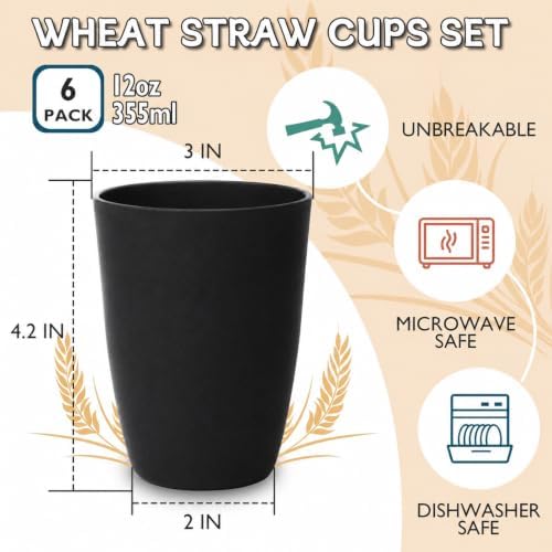 Wrova Wheat Straw Cups Set of 6, 12 OZ Plastic Cups Reusable Kitchen Cups,Dishwasher Safe Water Cups for Kids, Unbreakable Drink Cups for Juice,Ice Coffee,Tea- Black & Gray
