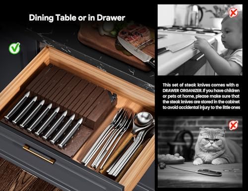 Piklohas Steak Knives Set of 8 with Drawer Organizer Built-in Sharpener