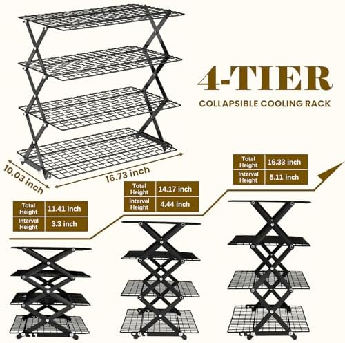 BEWOS 4 Tier Collapsible Cooling Rack - Adjustable Black Stainless Steel Baking Rack with Mesh Leak Proof, Foldable X-Shaped Structure Cooling Racks for Cooking and Baking, Dishwasher Safe