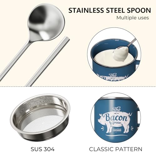 Bacon Grease Container with Strainer-15OZ Enamel Saver, Dishwasher Safe