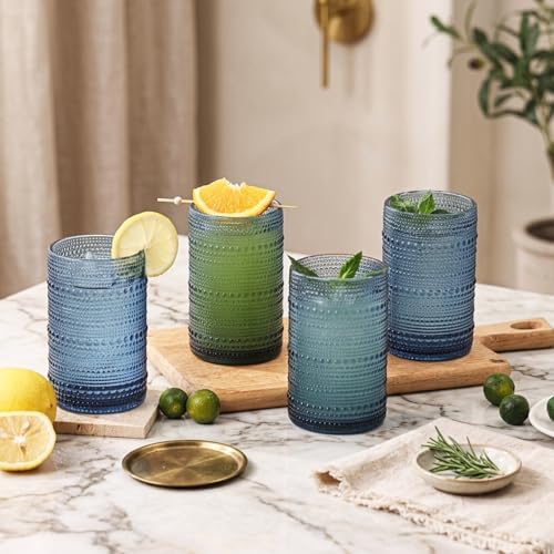 Moretoes 15oz Blue Vintage Hobnail Drinking Glasses Set of 6