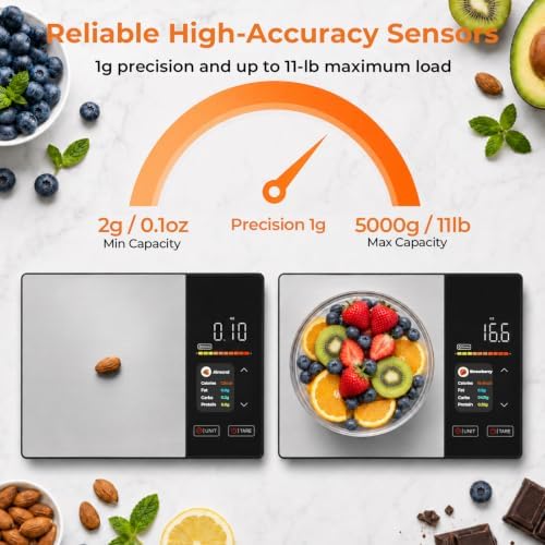 Smart Nutrition Food Scale, TFT Color Screen, Fitdays+ App, 50 Offline Foods, Sync Apple Health & Fitbit, 11lb Stainless Steel Digital Kitchen Scale for Weight Loss & Baking