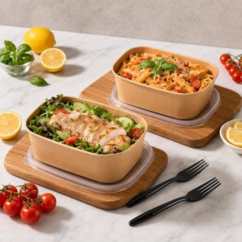 50-Pack 35oz Disposable Kraft Paper Bowls【with Lids and Forks】, Large Meal Prep Containers To Go Food Prep Containers, Leakproof Paper Bowls Treat Soup Serving Bowl, Microwave Safe for Hot/Cold Food