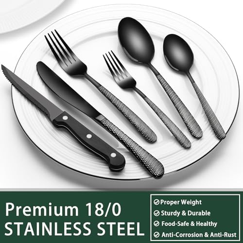 EWFEN 24-Piece Black Silverware Set with Steak Knives, Black Flatware Set for 4, Food-Grade Stainless Steel Tableware Cutlery Set, Mirror Finished Utensil Sets for Home Restaurant, Round Hammered