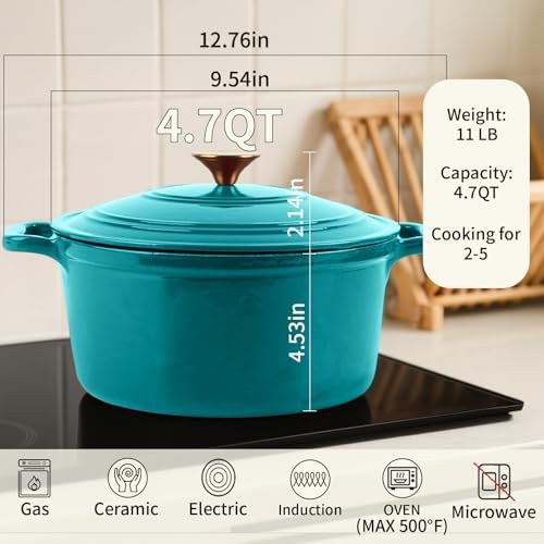 Enameled Cast Iron Dutch Oven with Lid&Silicone Grip, Round Casserole Pot for Bread Baking, Braising, Roasting,Stews,Heavy-Duty Baking Pan,Oven Safe, Induction Compatible (4.7QT,Lagoon)