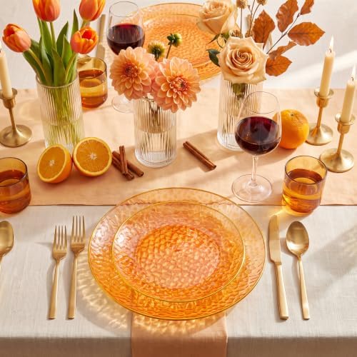 Rubtlamp 60Pcs Orange Plastic Plates, Orange Disposable Plates With Gold Rim, Hammered Plastic Plates Include 30 Dessert Platos, 30 Dinner Platos for Party