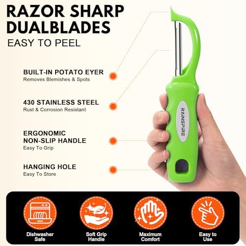 Rainspire Vegetable Peeler Potato Peelers for Kitchen, Sharp Stainless Steel Blades Veggie, Comfortable Handle Fruit Peeler, Carrot Peeler Apple Peeler Dishwasher Safe (2, Green)