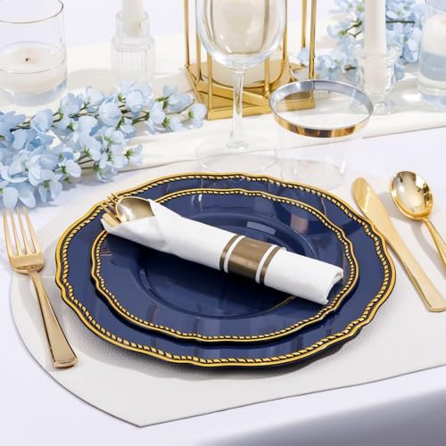 Hioasis 350 Pcs Blue and Gold Plastic Plates for Wedding & Party