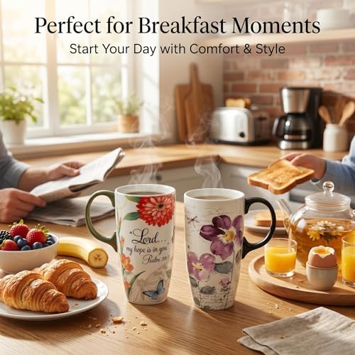 Topadorn 17oz Ceramic Travel Mugs Set of 2, Floral Coffee Mugs with Lids