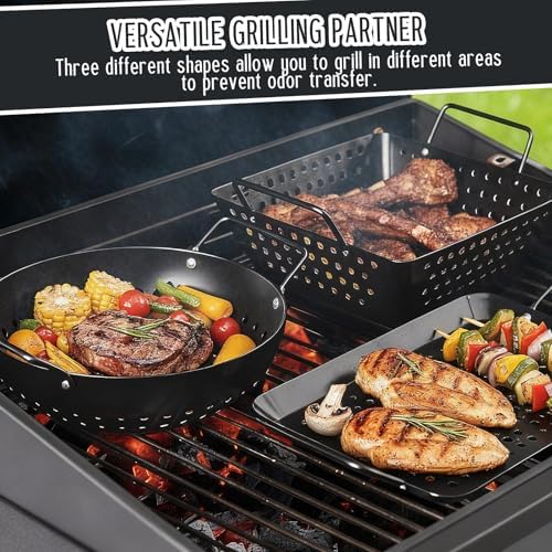 3 Pack Grill Topper Pans for Outdoor Grill, Stainless Steel Vegetables BBQ Grilling Basket with Holes Handles, Nonstick Barbecue Pan Grilling Gifts for Camping Picnic Cooking Seafood Meat
