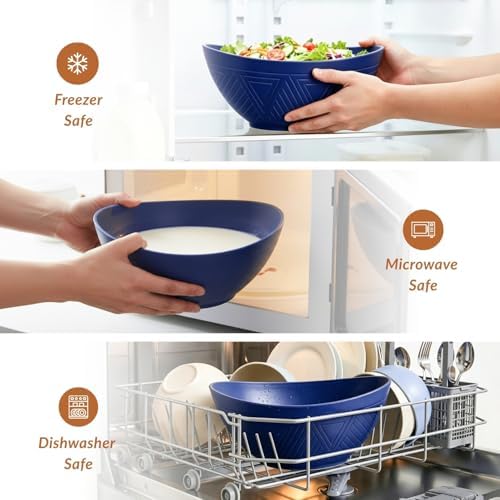 Homienly Wheat Straw Bowls, 9.6 inch Salad Bowls, Large Serving Dishes for Wedding Parties, Camping, 60 OZ Bowl Set for Salad, Popcorn, Oval Shape, Microwave & Dishwasher Safe, Set of 4, Dark Blue