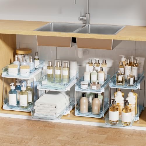 Delamu 2-Tier Multi-Purpose Bathroom Under Sink Organizers and Storage, Stackable Kitchen Pantry Organization, Pull Out Medicine Cabinet Organizer with Movable Dividers, Blue, 4 Pack