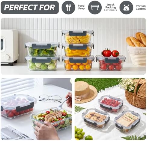 6-Pack 22oz Glass Meal Prep Containers with Lids, Airtight Leakproof Snap Lock Food Storage, Freezer, Microwave, Oven & Dishwasher Safe Bento Boxes for Meal Prepping, Grey