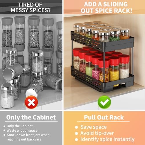 Pull Out Spice Rack Organizer for Cabinet, 2 Pack Widen Slide Out Spice Racks Organizer, Spice Cabinet Organizers, Cabinet Size Need:12'' Highx11'' Deepx6.75'' Wide,Hold 15 Spice Jar Each Tier-2Tier