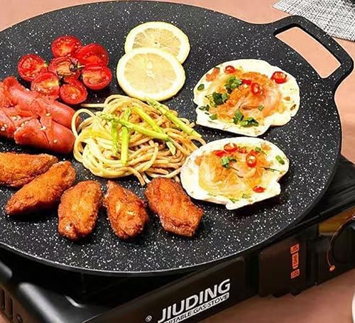Yansanido Grill Pan, 11 Inch Diameter Iron Black Teppanyaki Pot with Non-stick Coating Baking Tray for Home, Party Travel and Outdoor (S)