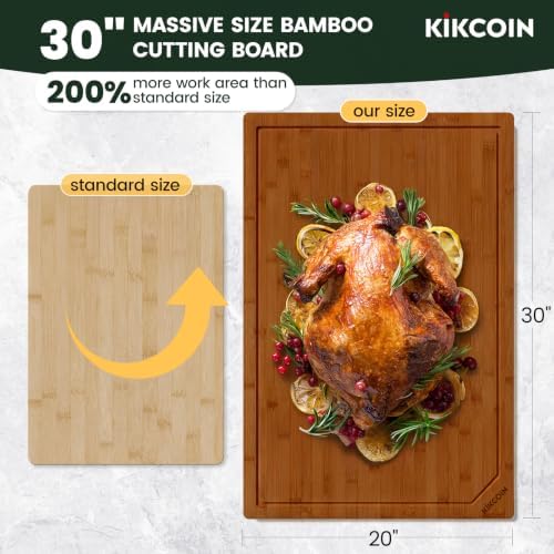 Kikcoin 30”×20” Deep-Carbonized Bamboo Cutting Boards for Kitchen, Heavy Duty Wooden Cutting Boards, Healthy Extra Large Chopping Boards with Deep Juice Groove and Handle, Oversized Stove Top Cover