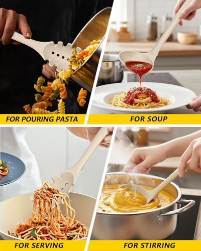 BUNDLEPRO Silicone Soup Ladle and Pasta Spoon Set, One-Piece, 2 Pack, Khaki