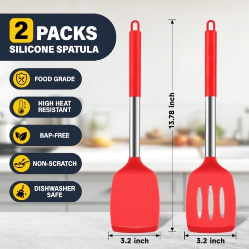 2 Pack Silicone Spatula Set, Solid & Slotted Turner for Non-Stick Pans, High Heat Resistant Silicone Spatula for Cooking, BPA-Free Stainless Steel Cooking Utensils for Fish, Eggs, Pancakes, Red