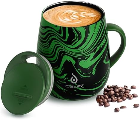 Ideus 16 oz Insulated Coffee Mug with Lid and Handle (Green Zebra)