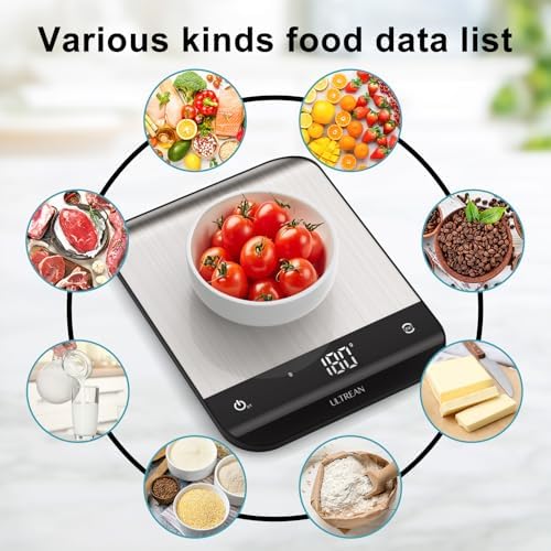 Ultrean Smart Food Kitchen Scale with Nutritional Calculator, App for Macro & Calorie Tracking, AI Scan, Digital Grams and Ounces for Weight Loss, Rechargeable, Stainless Steel, 33lb /15kg