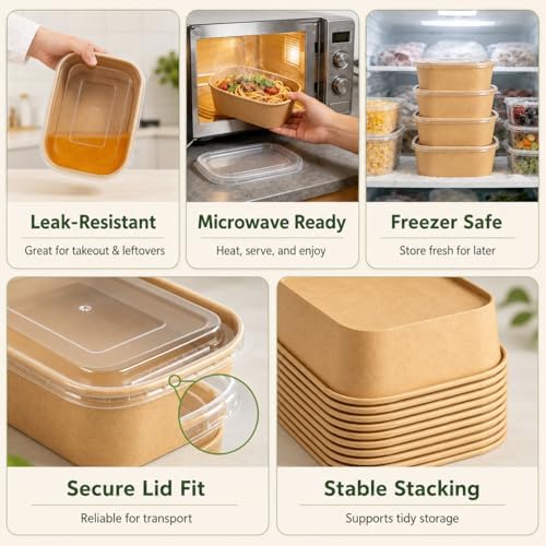 50-Pack 19oz Disposable Kraft Paper Bowls with Lids and Forks, Disposable Meal Prep Containers Bowls Disposable Food Prep Container with Lids, Freezer and Microwave Safe for Hot Soup Cold Food Takeout