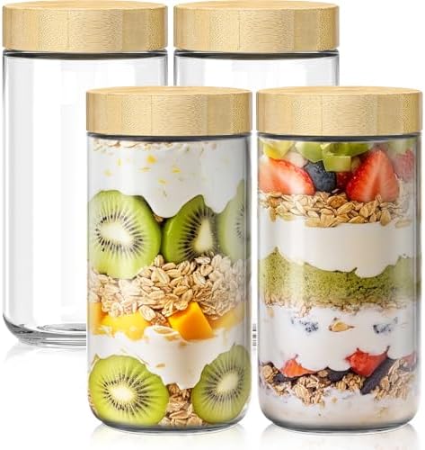 24 oz Glass Overnight Oats Containers, Mason Jars with Bamboo Lids, 4 Pack
