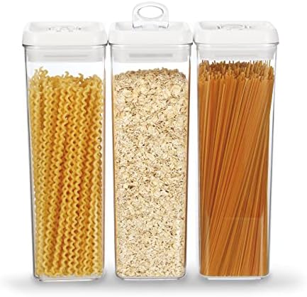 Felli Flip Tite TALL Storage Container with Lid 4" Air Tight Easy Open Ring Top, Clear Acrylic Skinny Canister Jar for Spaghetti Lasagna Fettuccine Noodle, Kitchen Cupboard Pantry Organizer (2.0 qt)
