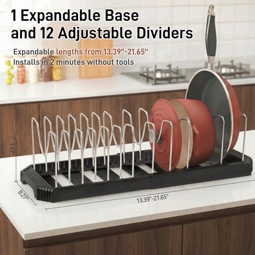 Expandable Pan Organizers Inside Cabinet with 12 Dividers Black
