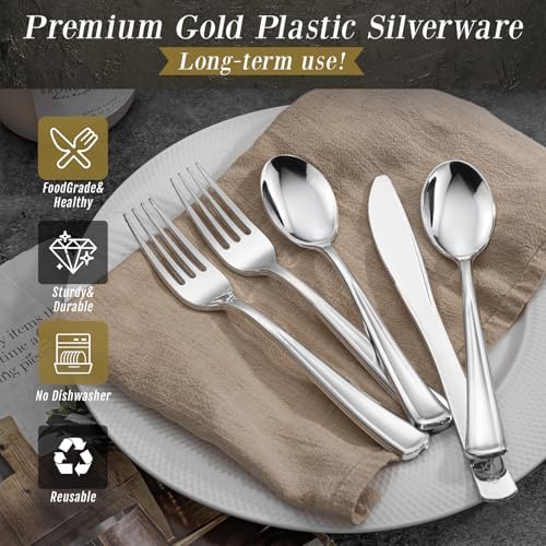 WDF 500PCS Silver Plastic Silverware - Plastic Silver Utensils - 250 Forks 125 Spoons 125 Knives - Heavy Duty Disposable Silverware Sets for Party/Baby Shower/Wedding