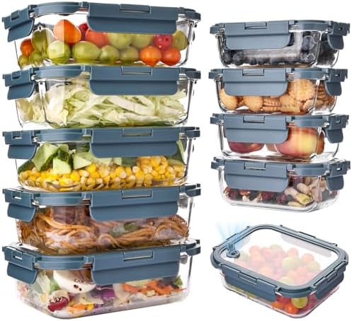 Liuruiyu 10 Pack Glass Food Storage Containers with Glass Lids, Airtight Meal Prep Containers, Leak-Proof Bento Boxes for Microwave, Oven, Freezer & Dishwasher, BPA-Free