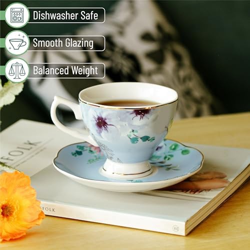 BTaT- Floral Tea Cups and Saucers, 6 Pack, 8 oz