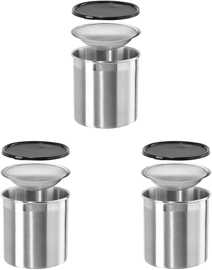 Oggi Stainless Steel Jumbo Grease Container with Removable Strainer and Snug Lid. Perfect container for fryer oil, bacon drippings, lard and ghee oil. Large capacity can - 1 Gall / (Pack of 3)