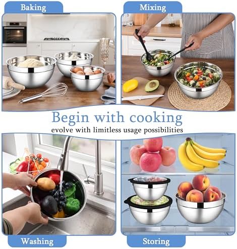 LIANYU Mixing Bowls Sets of 3, Stainless Steel Metal Bowl for Kitchen