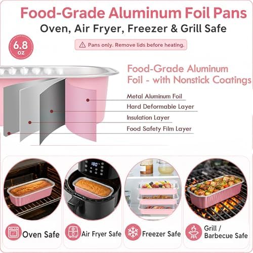 YQER 100 Pack Mini Loaf Pans with Lids and Spoons, 6.8oz Disposable Aluminum Foil Mini Cake Pans and Baking Tins with Sealing Stickers, Individual Pink Dessert Containers for Parties and Gifts