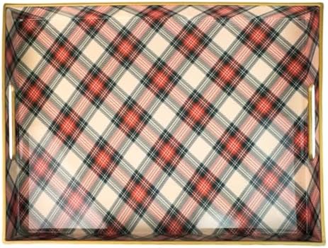 Rectangular Decorative Tray with Handles, Plastic Serving Tray for Living Room, Home Decor, Christmas，15.7" x 11.8" Red Plaid