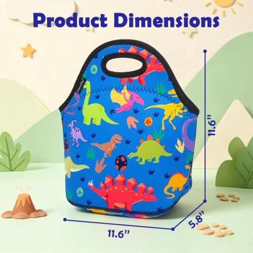 FlowFly Neoprene Kids Lunch box Insulated Soft Bag Mini Cooler Thermal Meal Tote Kit for Boys, Girls,Men,Women,School,Work, Office, Dinosaur