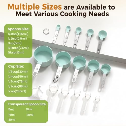 16PCS Measuring Cups and Spoons Set, Measuring Spoon Set with Metric and US Measurements, Fits for Measuring Dry and Liquid (Green)
