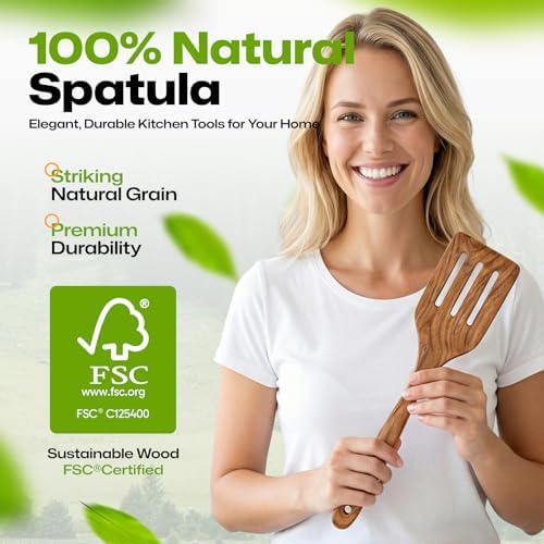 AIUHI Teak Wood Slotted Spatula, Wooden Spatula for Cooking, Non-Stick Safe Turner with Hanging Hole, Ideal for Flipping Pancakes, Burgers & Fish