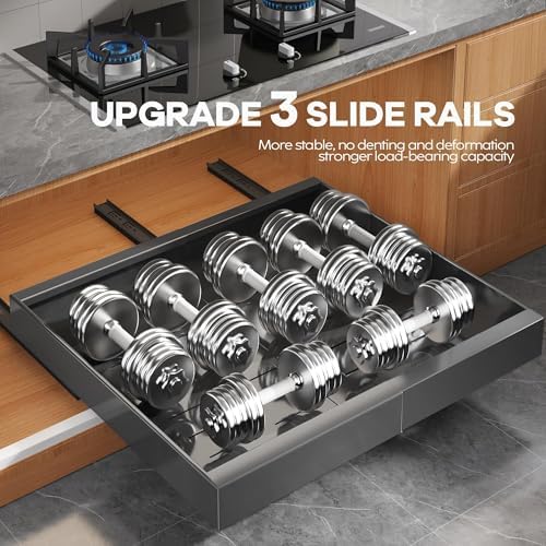 Seinloes 4 Pack Expandable Pull Out Cabinet Organizer 21"Deep With Raising Pad for Framed Cabinets,Upgrade 3 Slide Rails Slide Out Drawers,Roll Out Shelves Adhesive,Adjustable Width 15.15"-26.3" Black