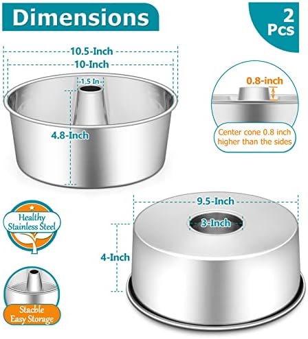 E-far Angel Food Cake Pan Set of 2, 10-Inch Stainless Steel Tube Pan for Baking Pound Chiffon Cake, One-piece Design & Non-toxic, Dishwasher Safe