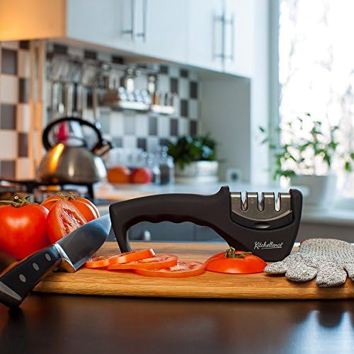 4-in-1 Kitchen Knife Accessories: 3-Stage Knife Sharpener Helps Repair, Restore and Polish Blades and Cut-Resistant Glove