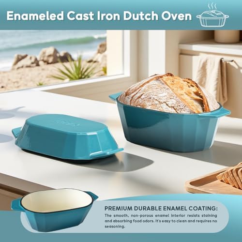 Enameled Cast Iron Dutch Oven for Bread Baking – 3QT Oval Round Heavy Duty Bread Pan with Lid, Non-Stick Ceramic Coating,Loaf Cast Iron Bread Oven for Sourdough, Baking, Roasting, Braising, Stovetop & Oven Safe