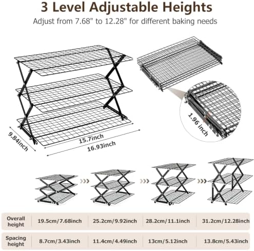 3-Tier Upgraded Stackable Cookie Cooling Rack-Collapsible Cooling Racks for Cooking And Baking Rack with Adjustable, Multifunctional Baking Cooling Rack for Cookies, Roasting, Countertop