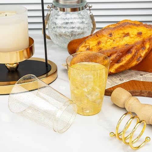 I00000 100 Pcs Gold Plastic Cups, 10 oz Hard Gold Glitter Disposable Cups