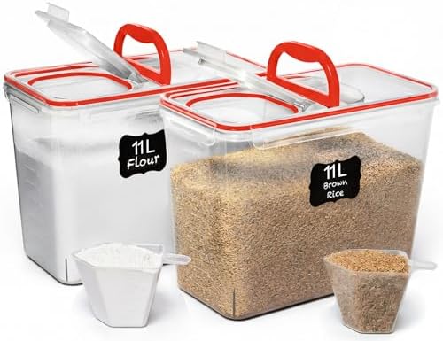 Shazo 2 PC (11L | 372 oz) Flour Sugar Storage Containers with Spout Lid & Easy Carry Handle - BPA Free Extra Large Airtight Food Storage Containers with Lids - Rice Canisters Sets for Kitchen & Pantry