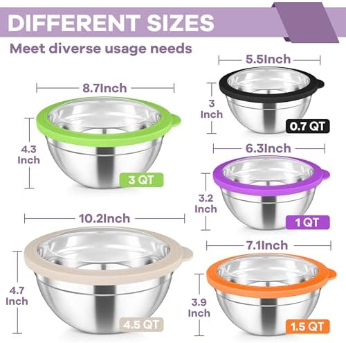 TeamFar Mixing Bowls Set, Stainless Steel Salad Bowl with Lids, Colorful