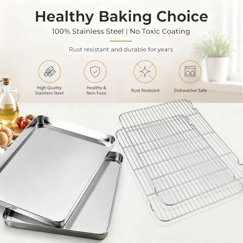 Onader Half Sheet Pan with Cooling Rack Set, 18x13 Inch Stainless Steel Large Baking Cookie Sheet, Metal Oven Baking Tray with Wire Rack, Nonstick, Includes 1 Pan + 1 Rack