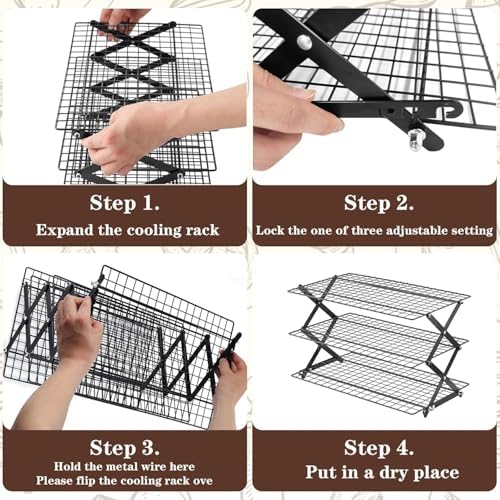 Pleafind 3 Tier Collapsible Cooling Rack - 4 Setting Design, Adjustable ＆ Stackable Baking Rack with X-Shaped Design and Leak-Proof Mesh Surface, Cooling Racks for Cooking and Baking, Dishwasher Safe
