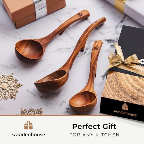 Wooden Ladle for Soup, 3 Size Teak Wood Ladle Spoon with Back Hooks
